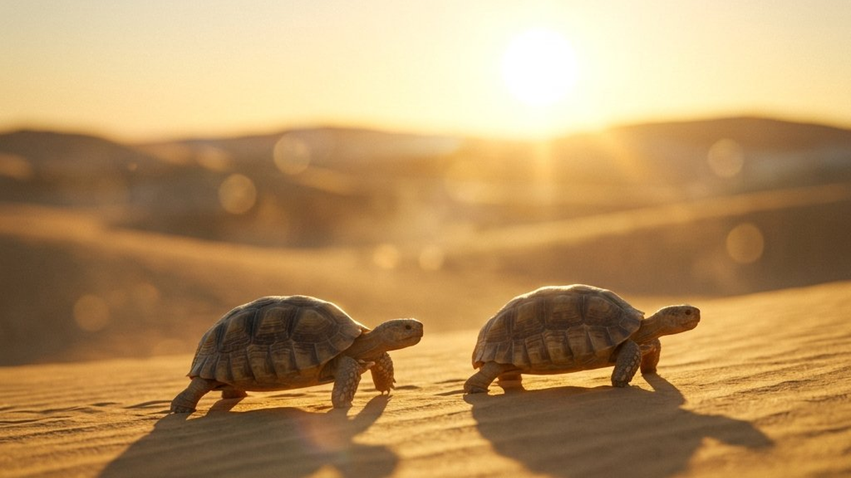 Two desert tortoises walk across hot sand dunes at midday, symbolizing the journey toward international giving.
