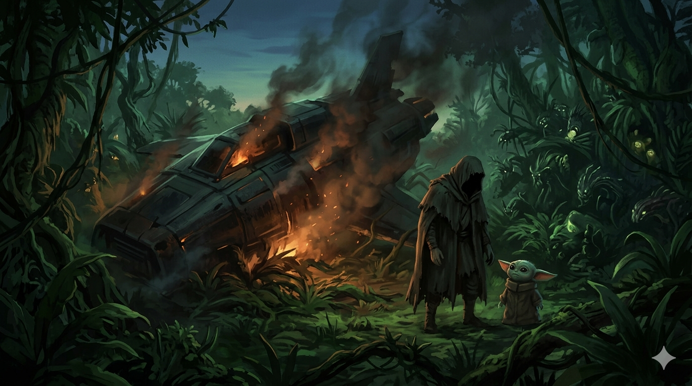 A hunched dark figure and a tiny wide-eyed creature stand by a crashed ship in a dangerous alien jungle, introducing unethical behavior in organisations.