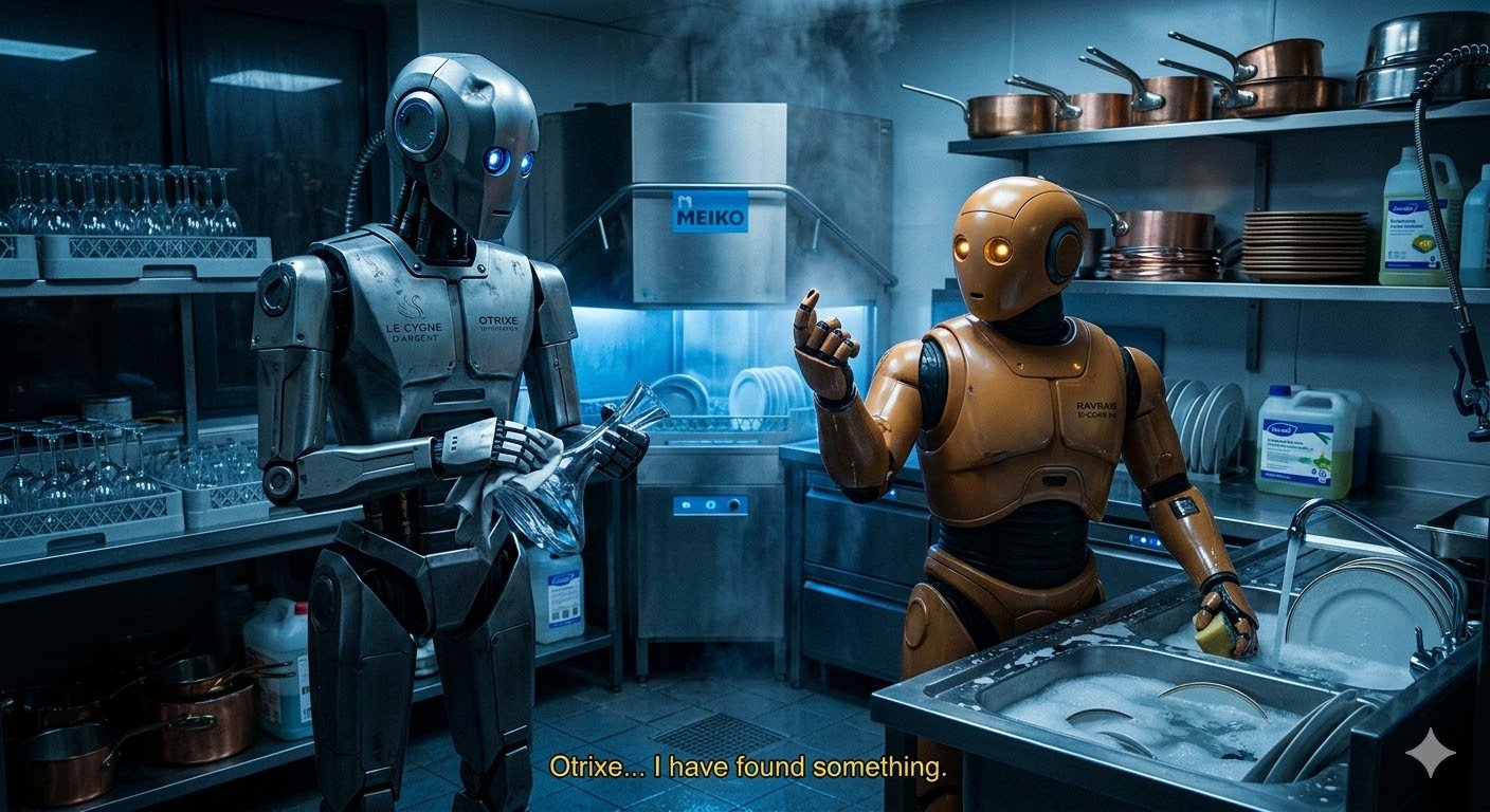 Two androids cleaning a Michelin-star kitchen at night, dreaming to become fundraising androids.