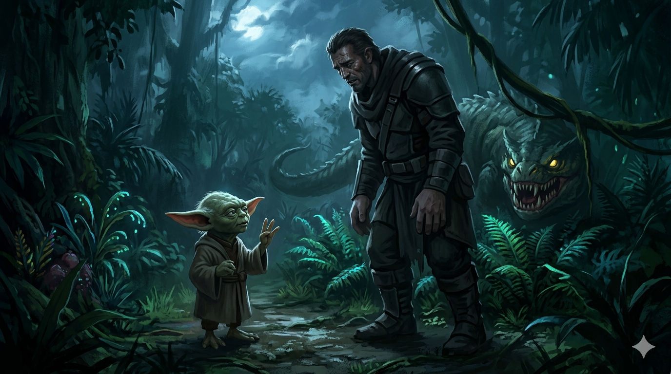 A wise small creature explains the three roots of unethical behavior in organisations to a conflicted hunched figure as jungle danger closes in behind them.