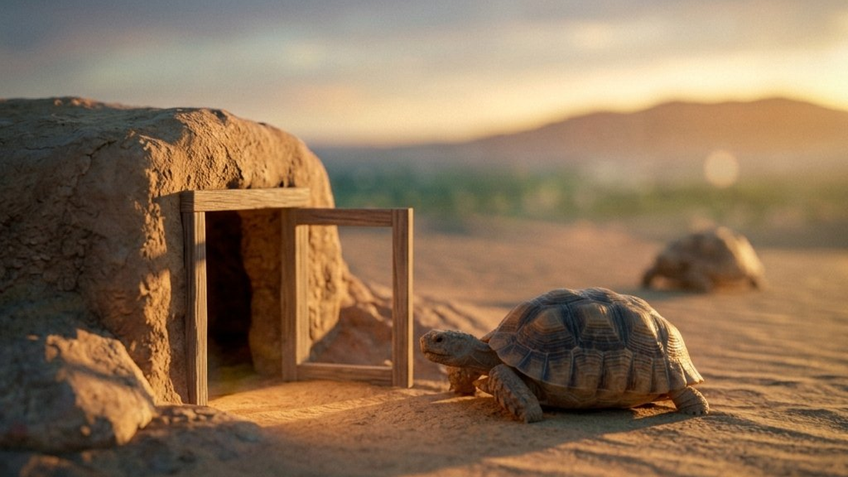 A desert tortoise stands at the top of a dune at sunset, gazing toward a distant green horizon, representing the shift toward international giving.