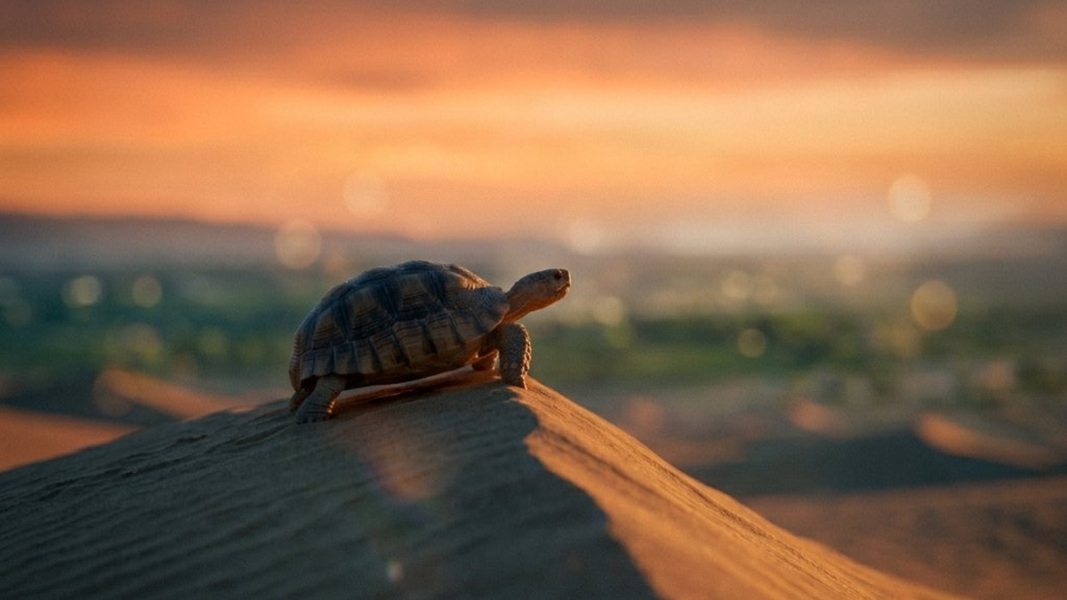 A desert tortoise stands at the top of a dune at sunset, gazing toward a distant green horizon, representing the shift toward international giving.