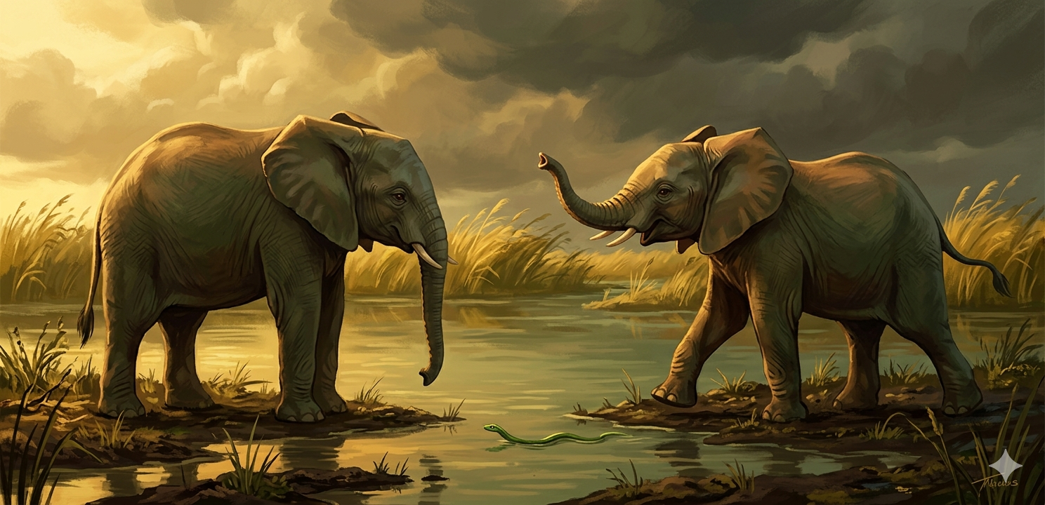 Two arguing elephants at a swamp edge look down as a small snake arrives with news about a charity board decision and brand forgiveness.