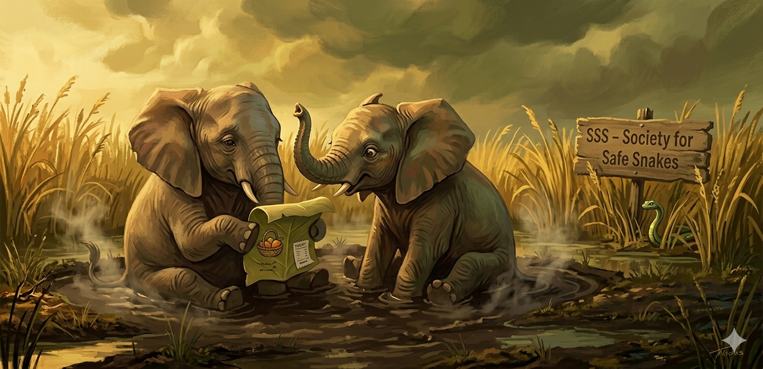 Two young elephants in a mud pool, one holding a document showing a charity trust betrayal, surrounded by swamp reeds.