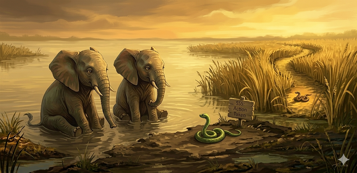 Two elephants and a small snake resting at a swamp in golden evening light, with a safe cleared path in the reeds symbolizing restored charity trust.